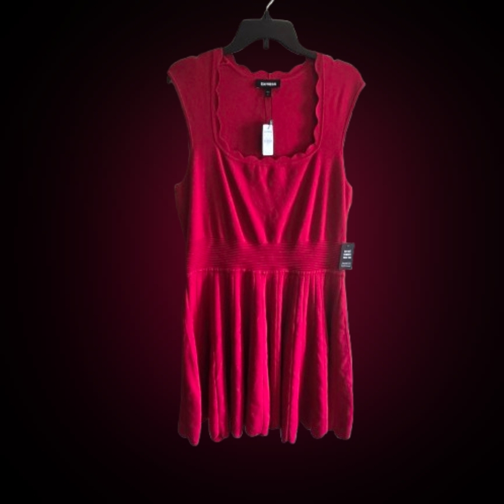 Express Red Scallop Neck Fit-and-Flare Dress - Picture 15 of 16